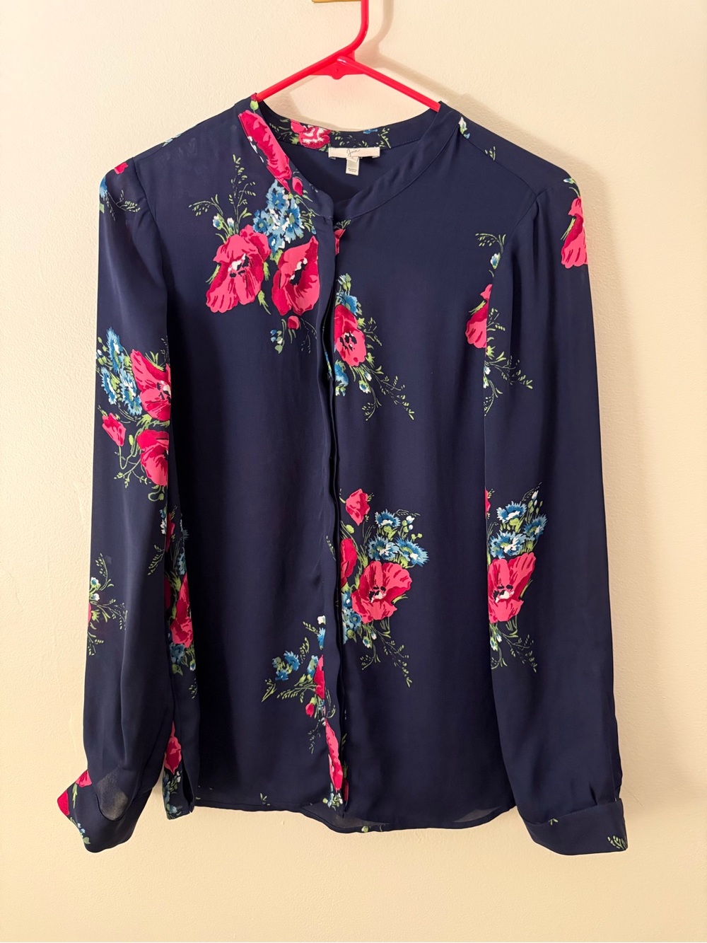 Joie Sheer Navy Floral Split V-Neck Blouse with Pink Roses